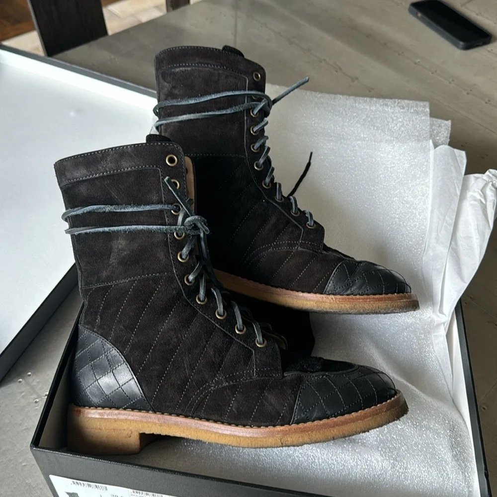 Chanel black suede combat military boot bootie lace up quilted Sz 38.5 w/ box